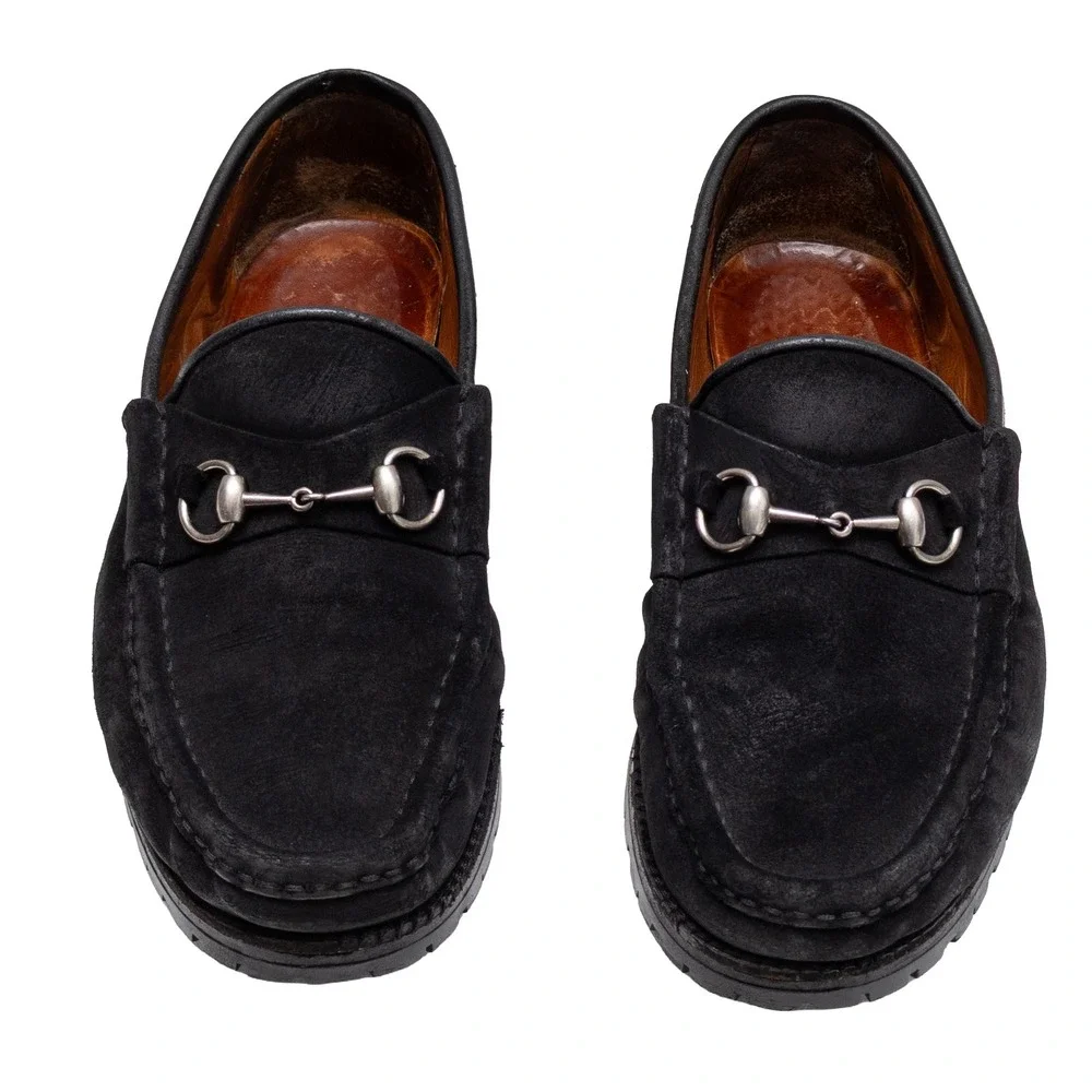 Gucci Mens Black Suede Horsebit Lug Sole Loafers Size UK 10 D Made in Italy